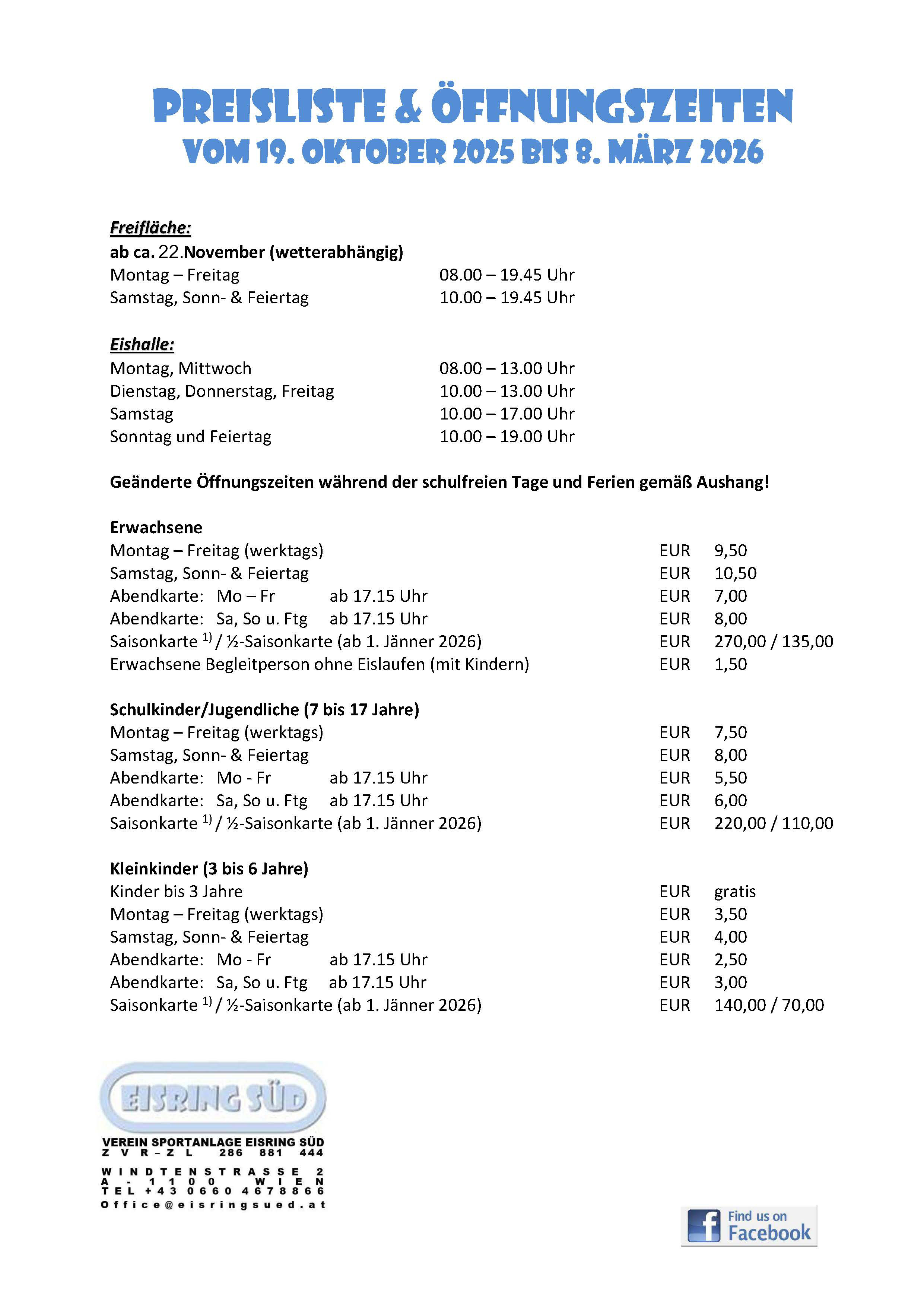 Preise und Öffnungszeiten